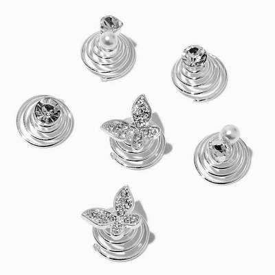 Silver-tone Mixed Butterfly Hair Spinners - 6 Pack 