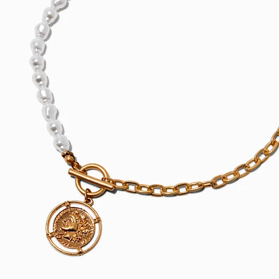 Half Pearl Gold-tone Chain Coin Pendant Necklace