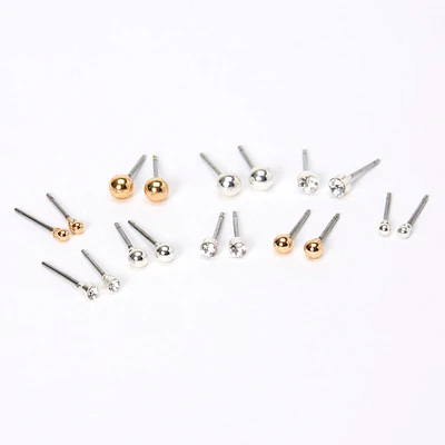 Mixed Metal Graduated Crystal Ball Stud Earrings - 9 Pack