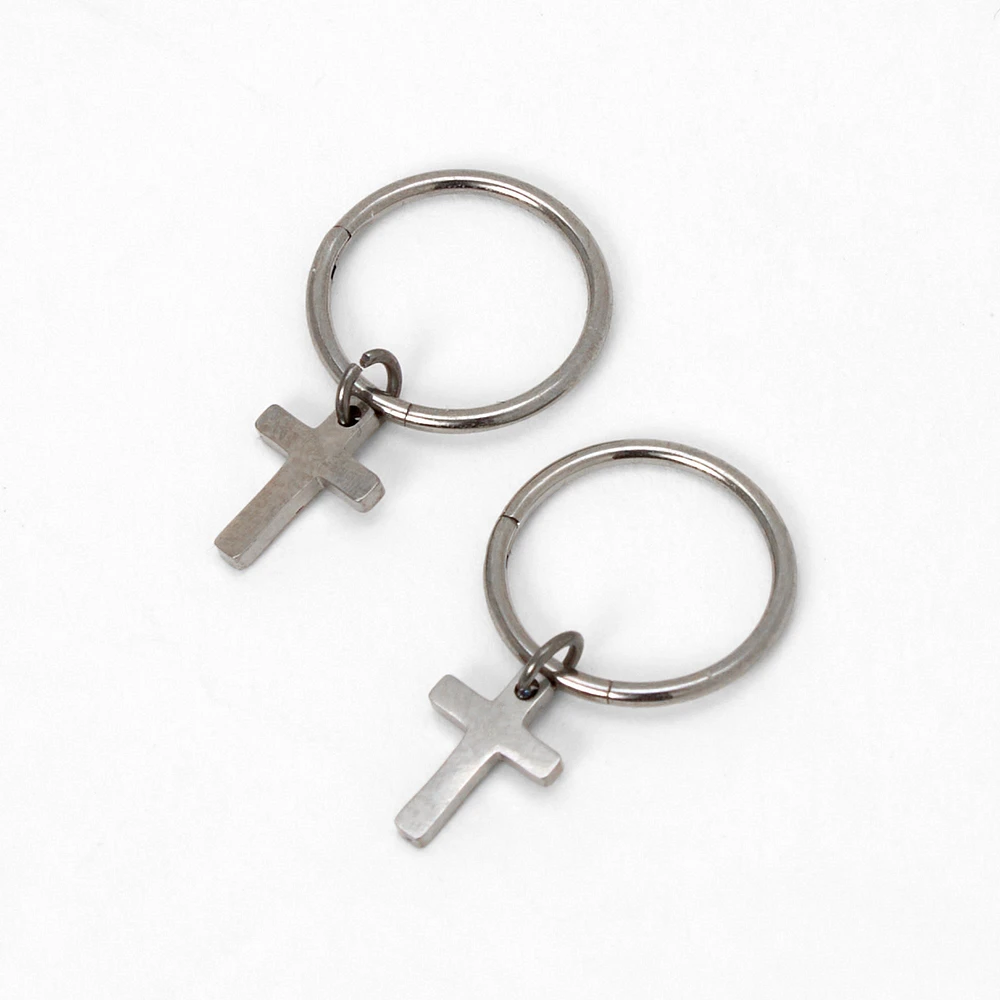 C LUXE by Claire's Silver-tone Titanium 10mm Mini Cross Hoop Earrings