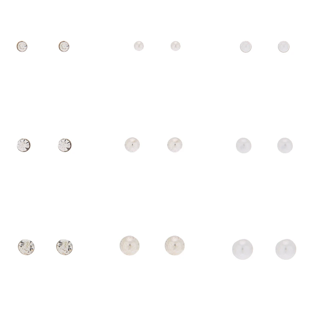 Silver-tone Graduated Crystal Pearl Stud Earrings - 9 Pack