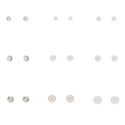 Silver-tone Graduated Crystal Pearl Stud Earrings - 9 Pack