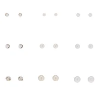 Silver-tone Graduated Crystal Pearl Stud Earrings - 9 Pack