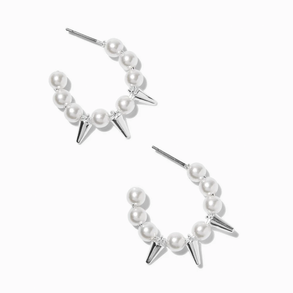 Silver-tone Pearl & Spike 10mm Hoop Earrings