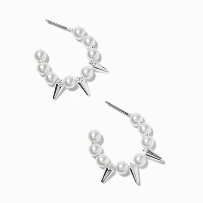 Silver-tone Pearl & Spike 10mm Hoop Earrings