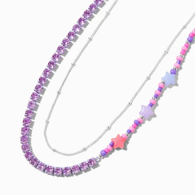 Purple Star Beaded Silver-tone Chain Multi-Strand Necklace