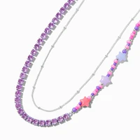 Purple Star Beaded Silver-tone Chain Multi-Strand Necklace