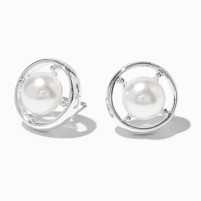 Silver-tone Pearl Compass Stud Earrings 