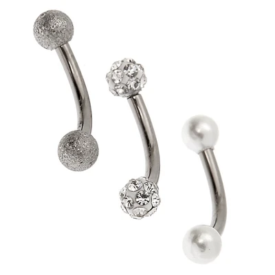 16G Silver-tone Titanium Bar Fireball Pearl Rook Earrings - 3 Pack