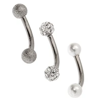 16G Silver-tone Titanium Bar Fireball Pearl Rook Earrings - 3 Pack