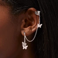 Silver Butterfly Cuff Connector Drop Earrings