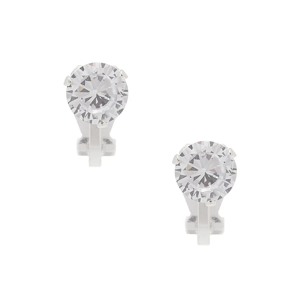 Silver-tone Cubic Zirconia Round 7mm Clip-On Earrings