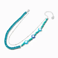 Blue Flower Beaded Silver-tone Chain Multi-Strand Necklace
