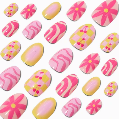 Cherry & Daisy Swirl Stiletto Press On Vegan Faux Nail Set - 24 Pack