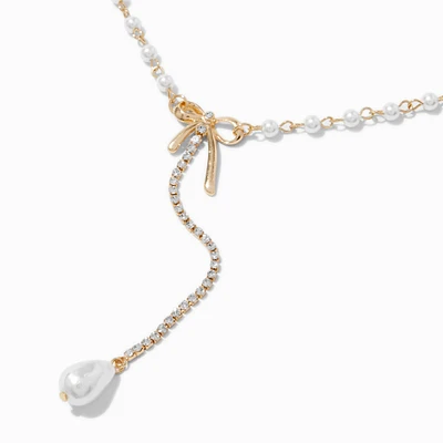 Gold-tone Cubic Zirconia Pearl Bow Y-Neck Pendant Necklace