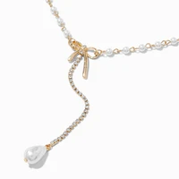 Gold-tone Cubic Zirconia Pearl Bow Y-Neck Pendant Necklace