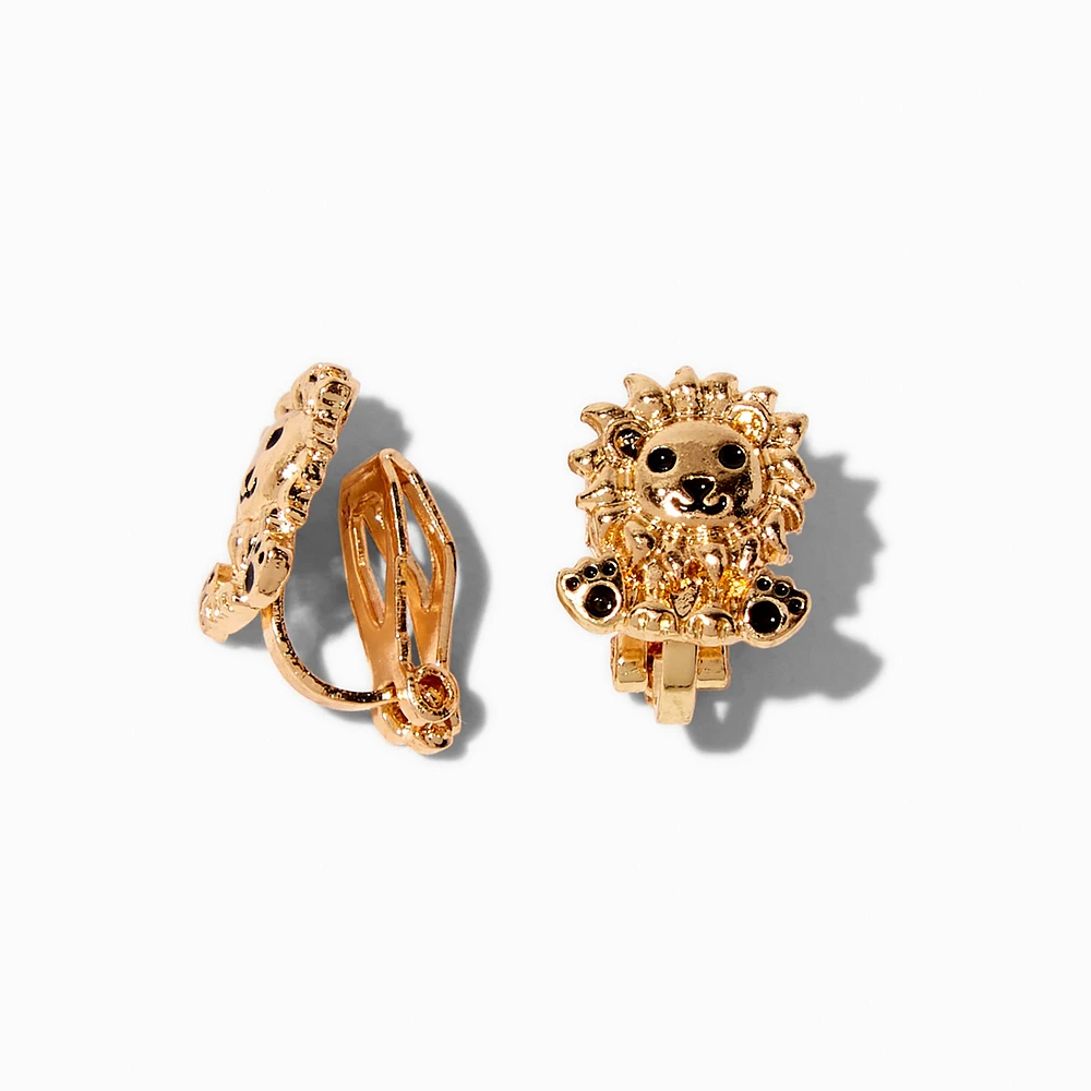 Gold-tone Lion Clip-On Stud Earrings