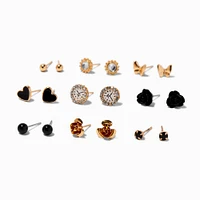 Black Heart & Clock Mixed Stud Earrings - 9 Pack