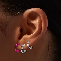 Silver-tone Pink Rainbow Hoop Earring Stackables Set - 3 Pack