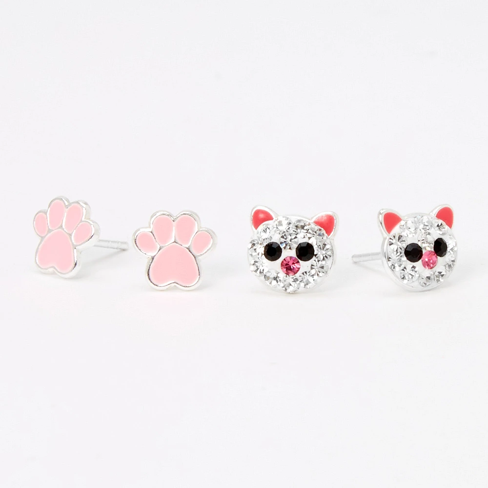C LUXE by Claire's Sterling Silver Pink Crystal Cat & Paw Stud Earrings - 2 Pack