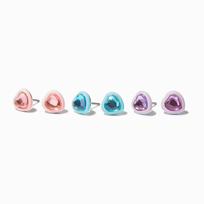 Pastel Gem Heart Stud Earrings - 3 Pack