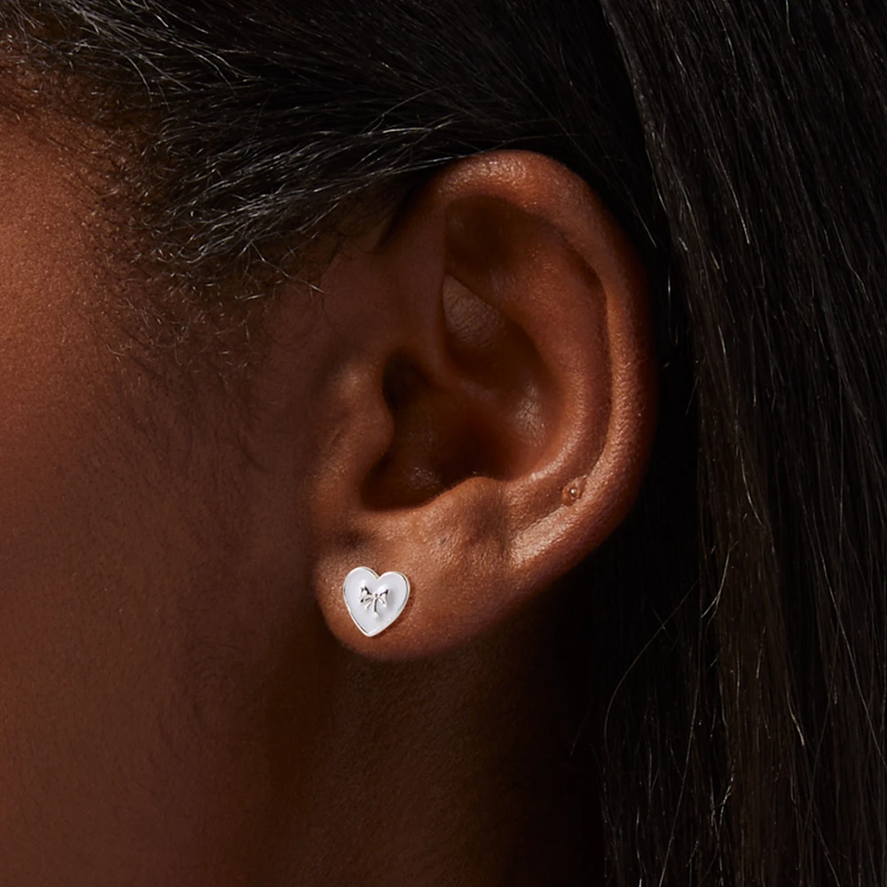 Silver-tone Bow White Heart Stud Earrings