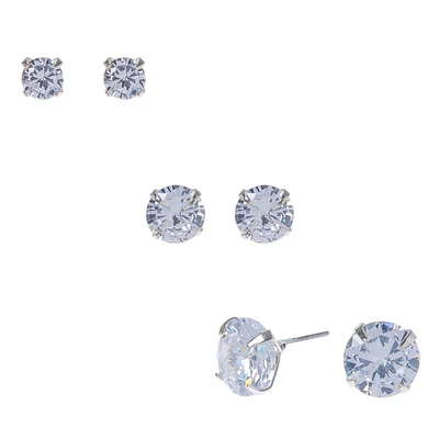 Silver-tone Cubic Zirconia 5mm, 7mm, & 9mm Round Stud Earrings - 3 Pack 