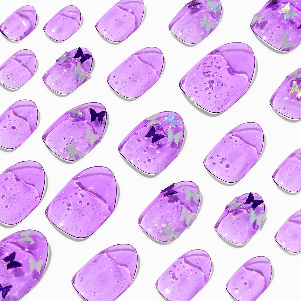 Purple Butterfly Glitter Stiletto Press On Vegan Faux Nail Set - 24 Pack