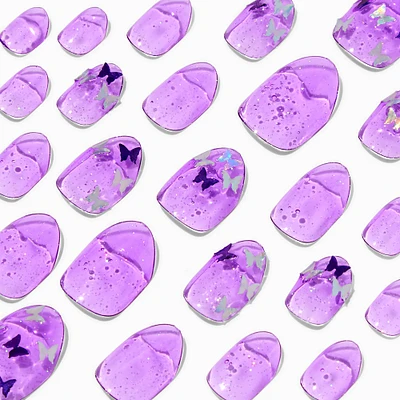 Purple Butterfly Glitter Stiletto Press On Vegan Faux Nail Set - 24 Pack