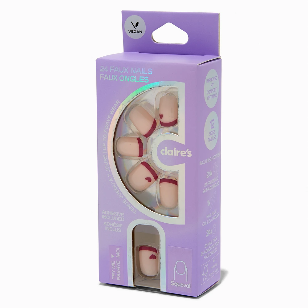 Red Heart French Tip Squoval Vegan Faux Nail Set - 24 Pack