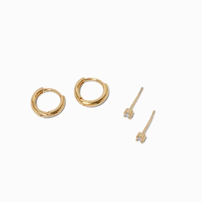 C LUXE by Claire's 18kt Gold Plated Cubic Zirconia 2mm & 8mm Round Stud & Clicker Hoop Earrings - 2 Pack