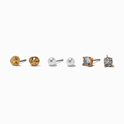 Gold-tone Cubic Zirconia Sand Dollar Stud Earrings - 3 Pack