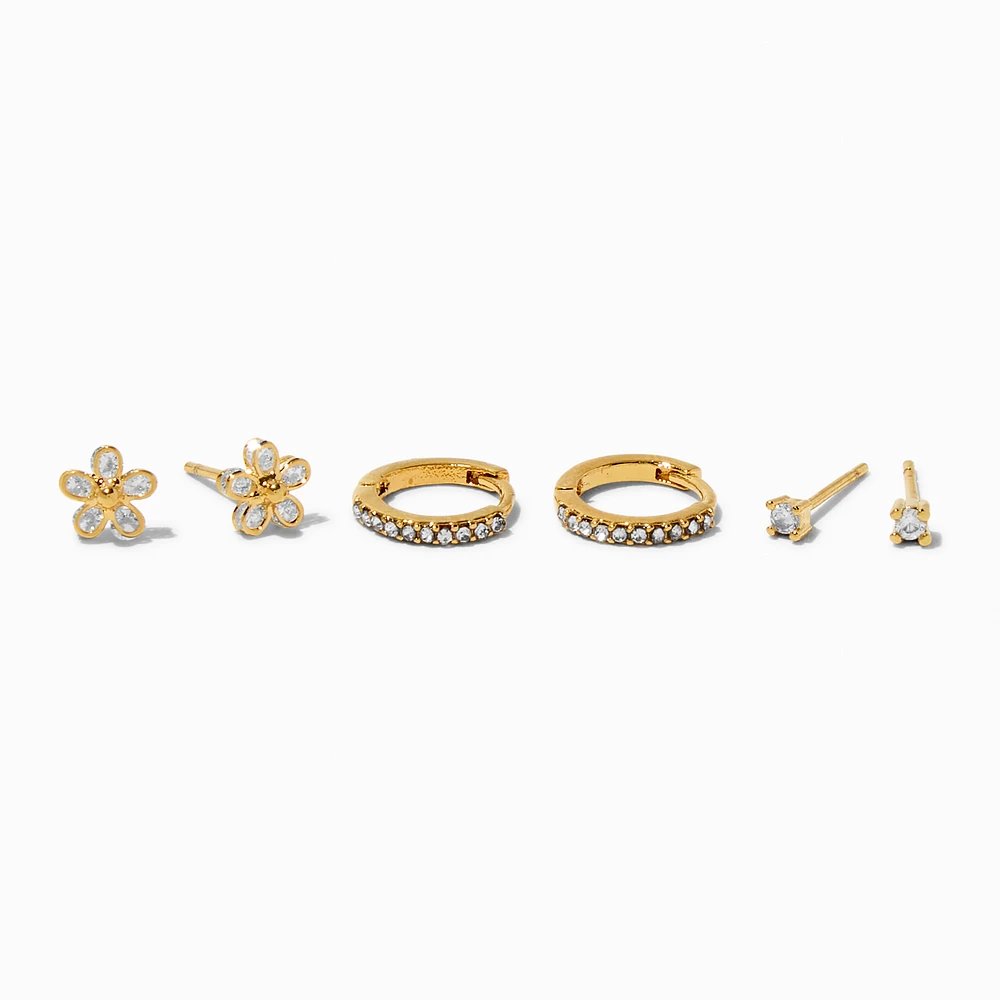 C LUXE by Claire's 18k Yellow Gold Plated Cubic Zirconia Flower Studs & Hoop Earrings