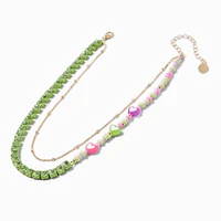 Green Heart Beaded Gold-tone Chain Multi-Strand Necklace