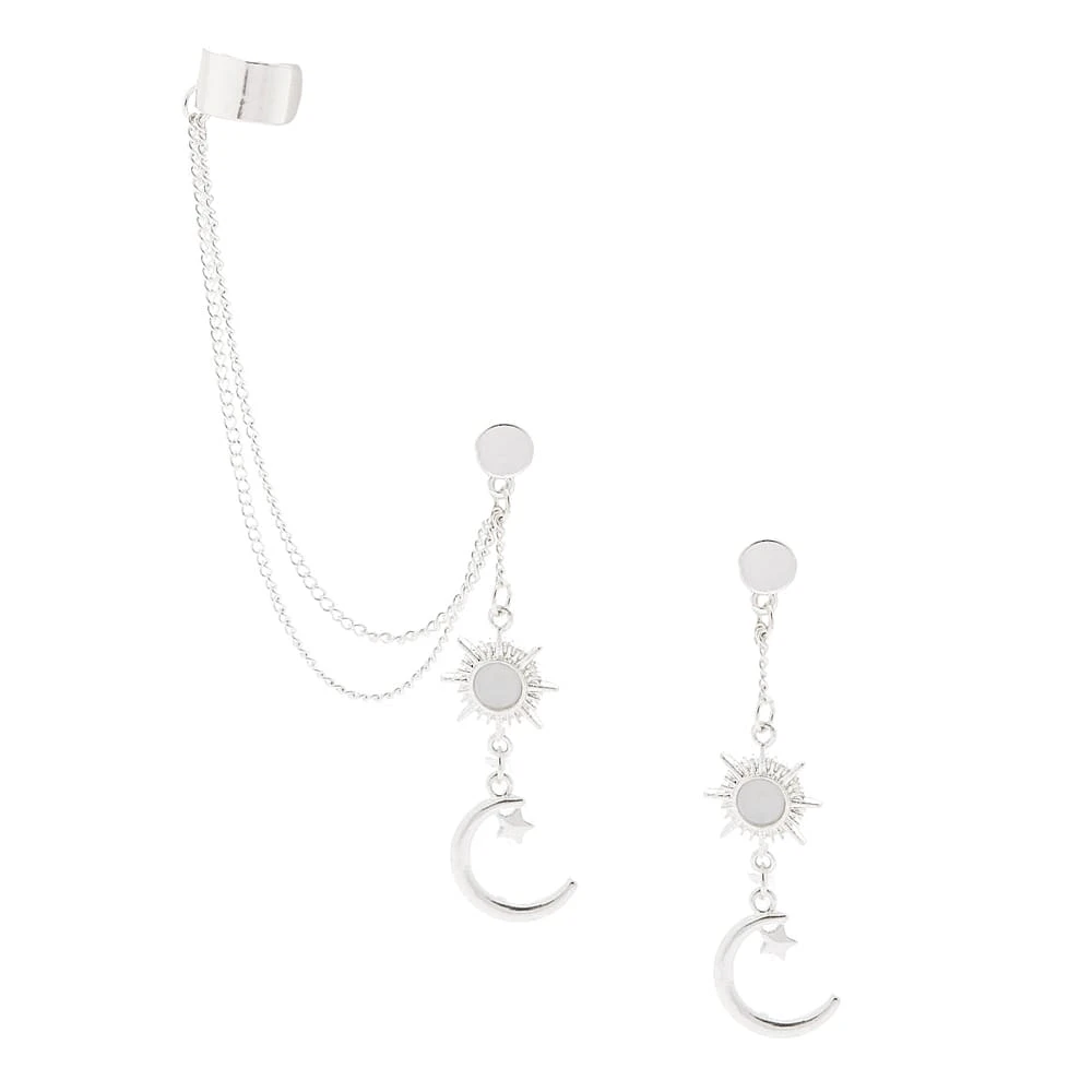 Silver-tone Celestial Moon Ear Cuff Connector Chain Earrings
