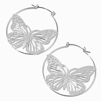 Silver-tone Filigree Butterfly 50mm Hoop Earrings 