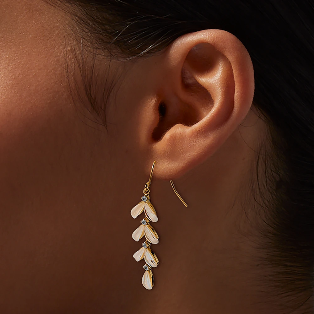 Gold-tone Cubic Zirconia Leaf Linear Drop Earrings