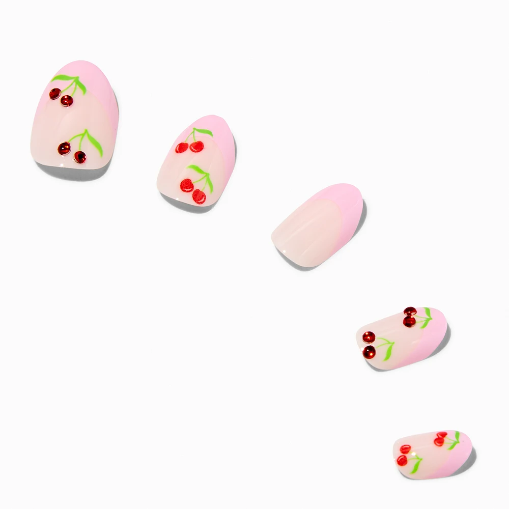 Pink French Tip Cherry Bling Stiletto Press On Faux Nail Set - 24 Pack