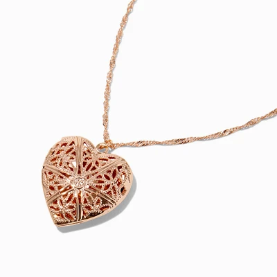 Gold-tone Filigree Heart Locket Pendant Necklace