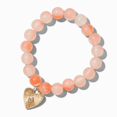 Gold-tone Textured Heart Charm Beaded Stretch Bracelet