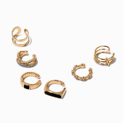 Black Crystal Gold-tone Ear Cuffs - 6 Pack 