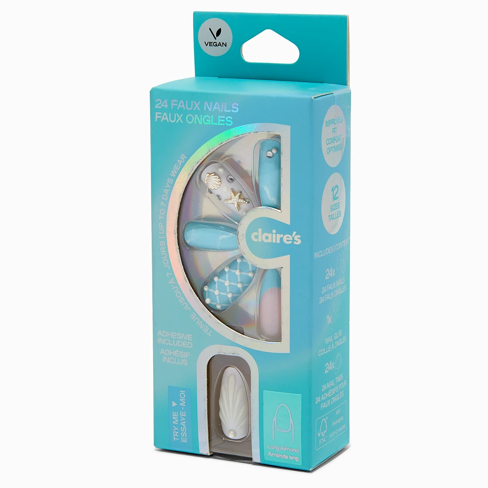 Blue Mermaid Almond Vegan Faux Nail Set - 24 Pack