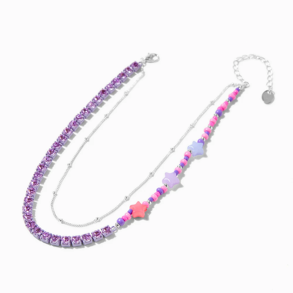 Purple Star Beaded Silver-tone Chain Multi-Strand Necklace