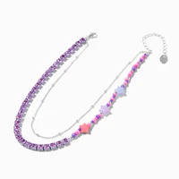 Purple Star Beaded Silver-tone Chain Multi-Strand Necklace