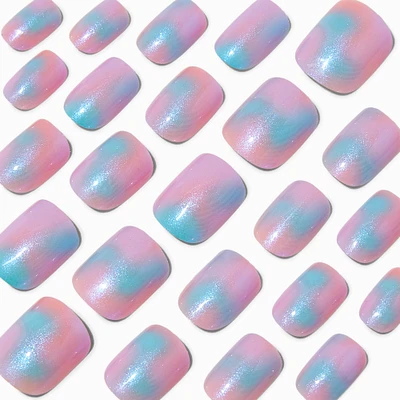 Holographic Glazed Short Square Vegan Faux Nail Set - 24 Pack