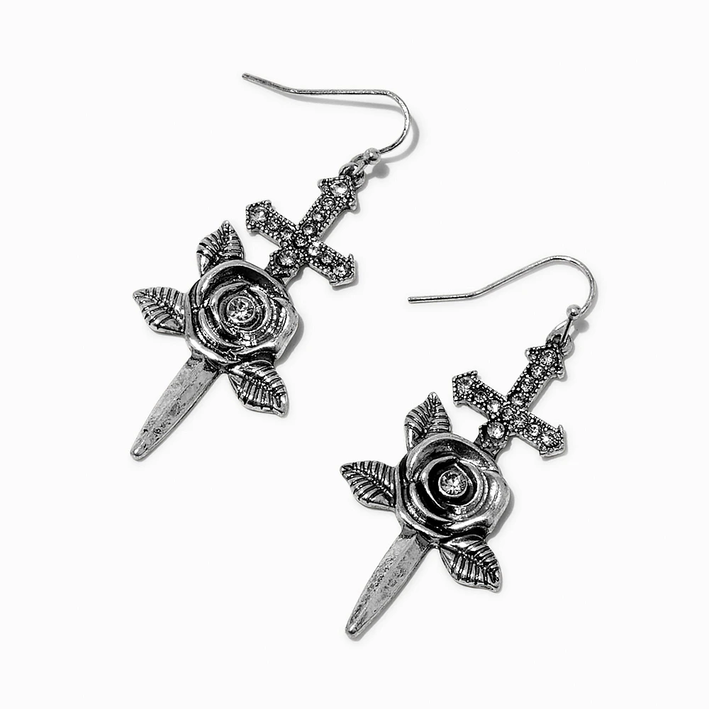 Silver-tone Dagger & Rose Drop Earrings