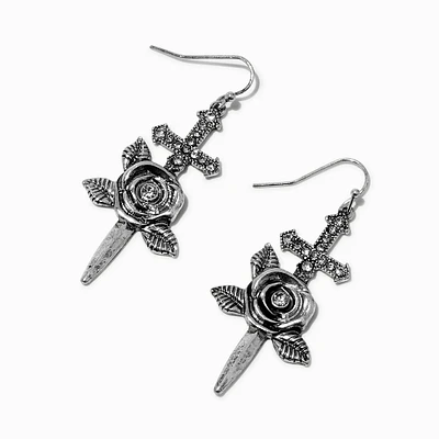 Silver-tone Dagger & Rose Drop Earrings 