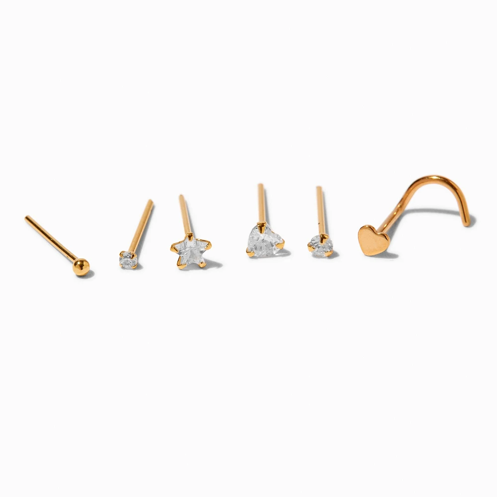 22G Gold-tone Sterling Silver Mixed Crystal Nose Studs - 6 Pack