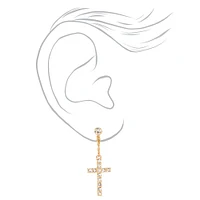 Gold-tone Crystal Cross Clip-On 1.5" Drop Earrings