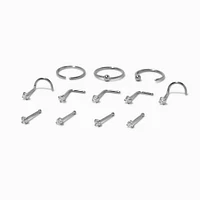 20G Silver-tone Stainless Steel Cubic Zirconia Nose Studs & Hoop - 12 Pack